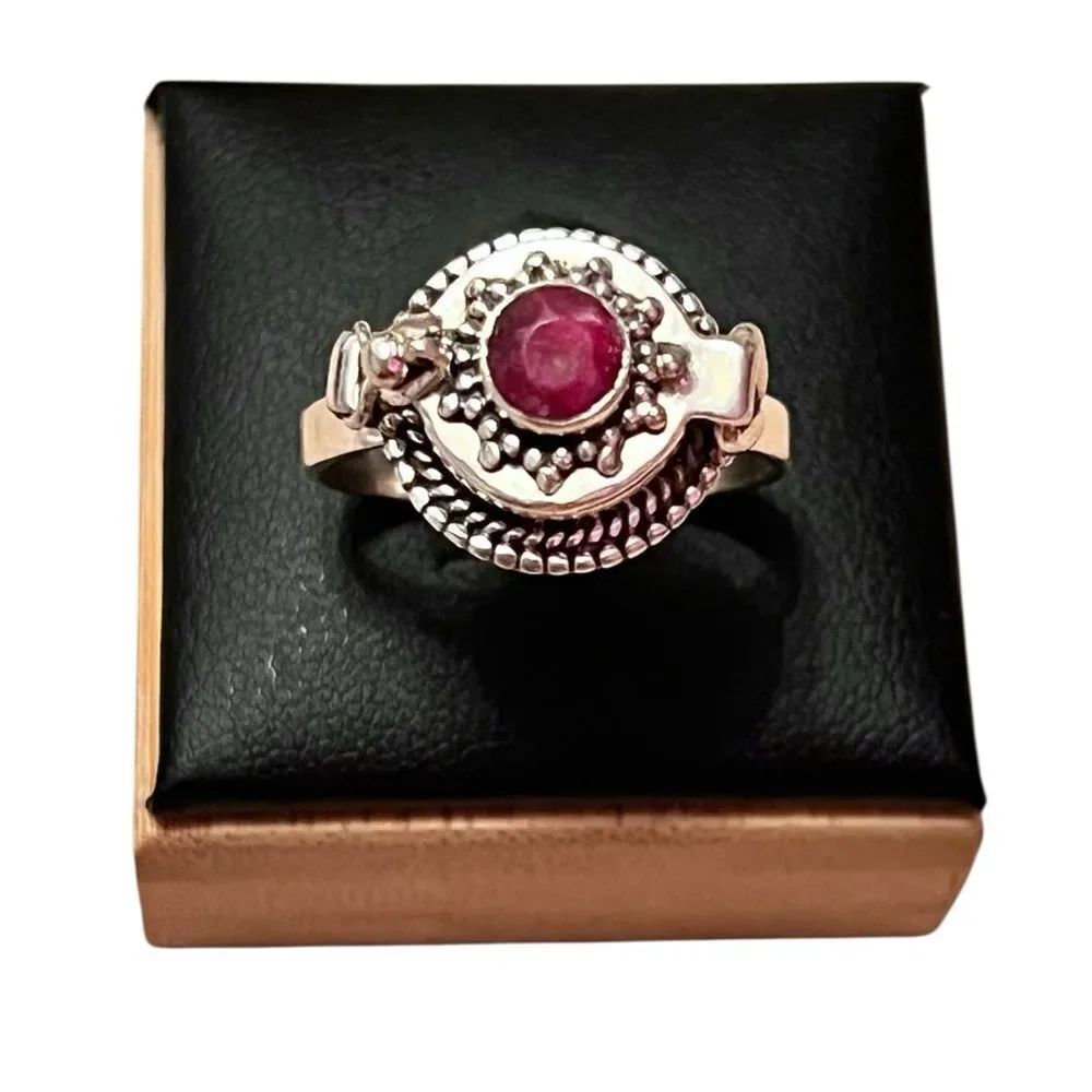 Elegant Artisan Sterling Silver Genuine Ruby Round Poison Ring Size 8.5